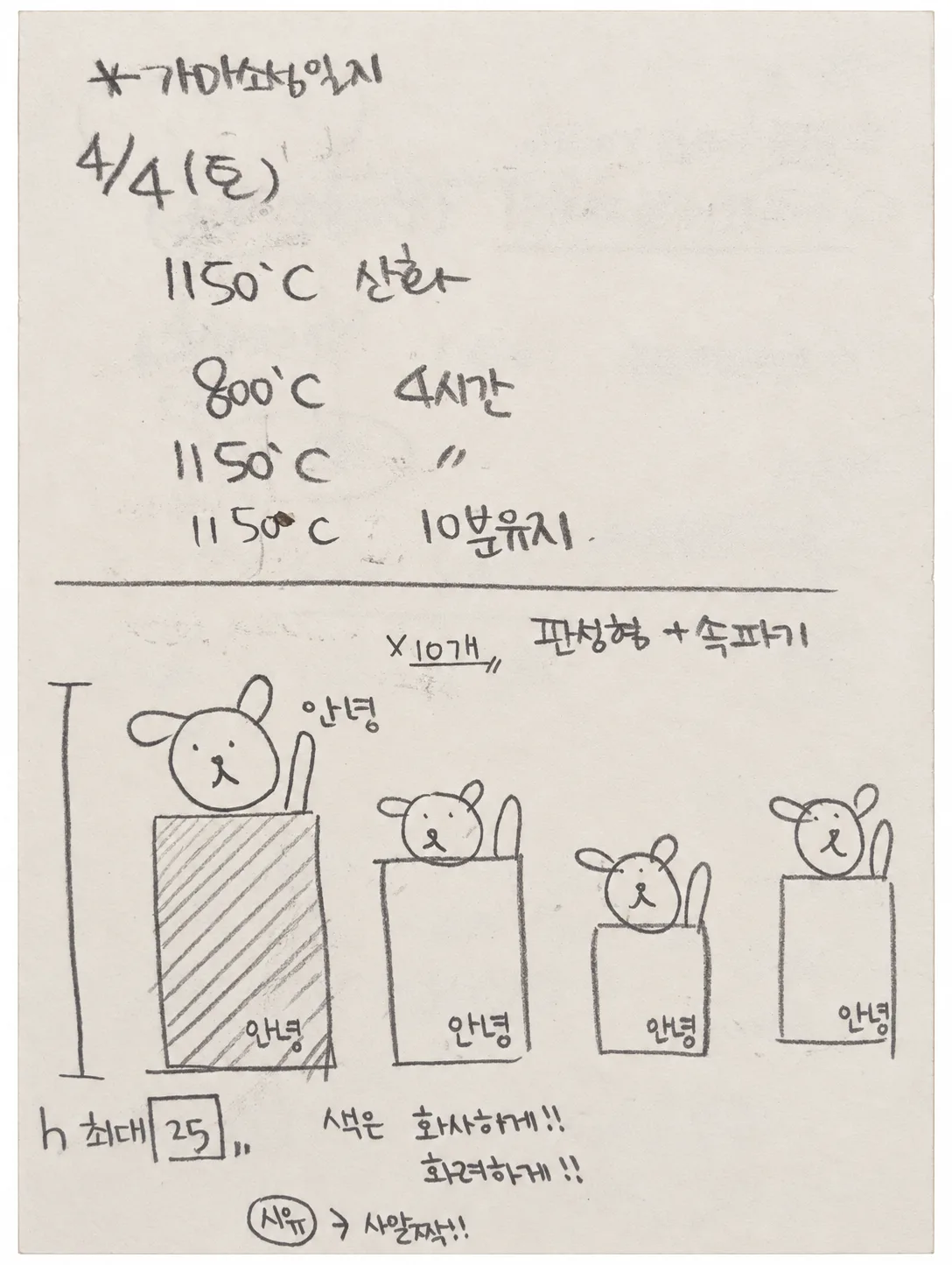 소성 일정과 열 개의 누렁이 조형물 크기 및 자세를 계획한 연필 스케치