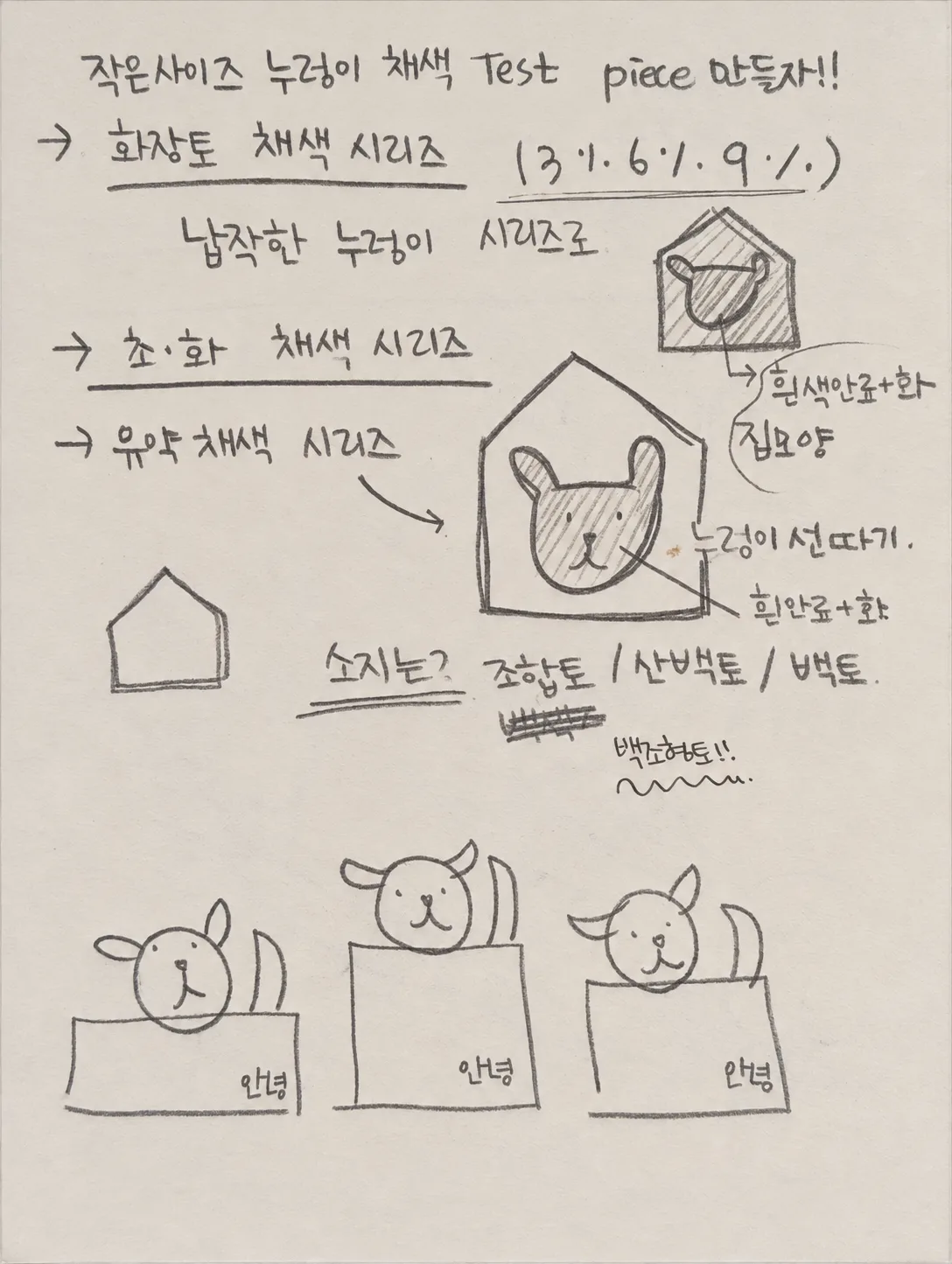 얼굴 형태 작품의 구조와 색, 벽면 배치를 검토한 연필 스케치
