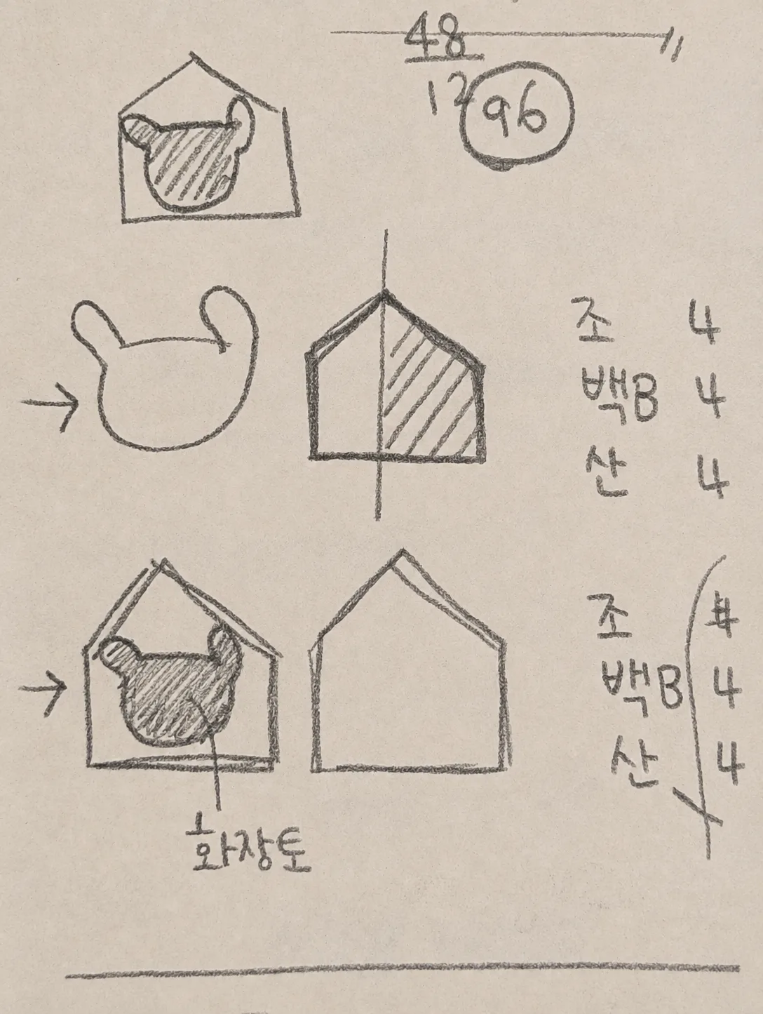 집 모양과 누렁이 얼굴을 결합하는 제작 및 채색 방법을 그린 연필 스케치