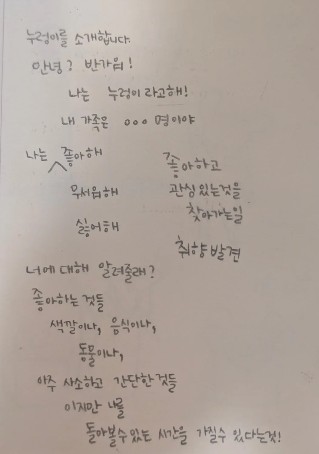 전시 소개말과 좋아하는 것·싫어하는 것을 정리한 기획 메모