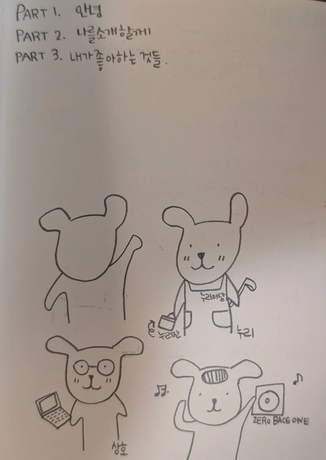 소개·나의 소개·좋아하는 것들 세 장으로 나눈 구성안과 인물 스케치