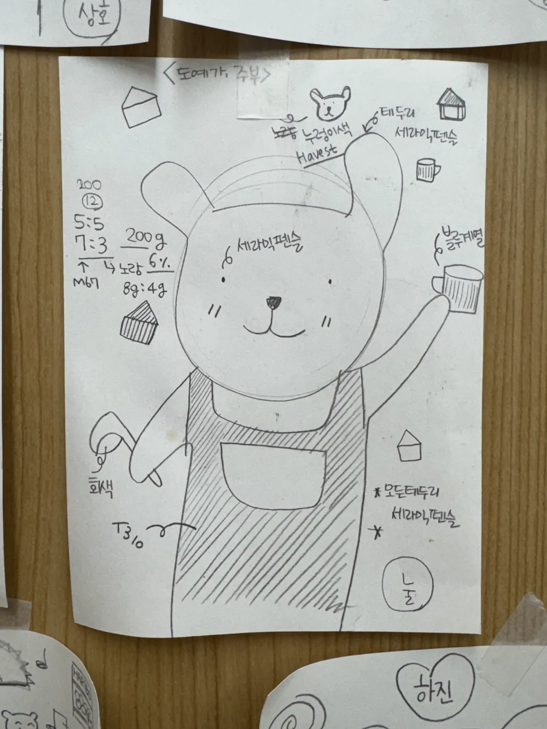 누렁이 캐릭터와 전시 구성을 담은 작업 공간 사진